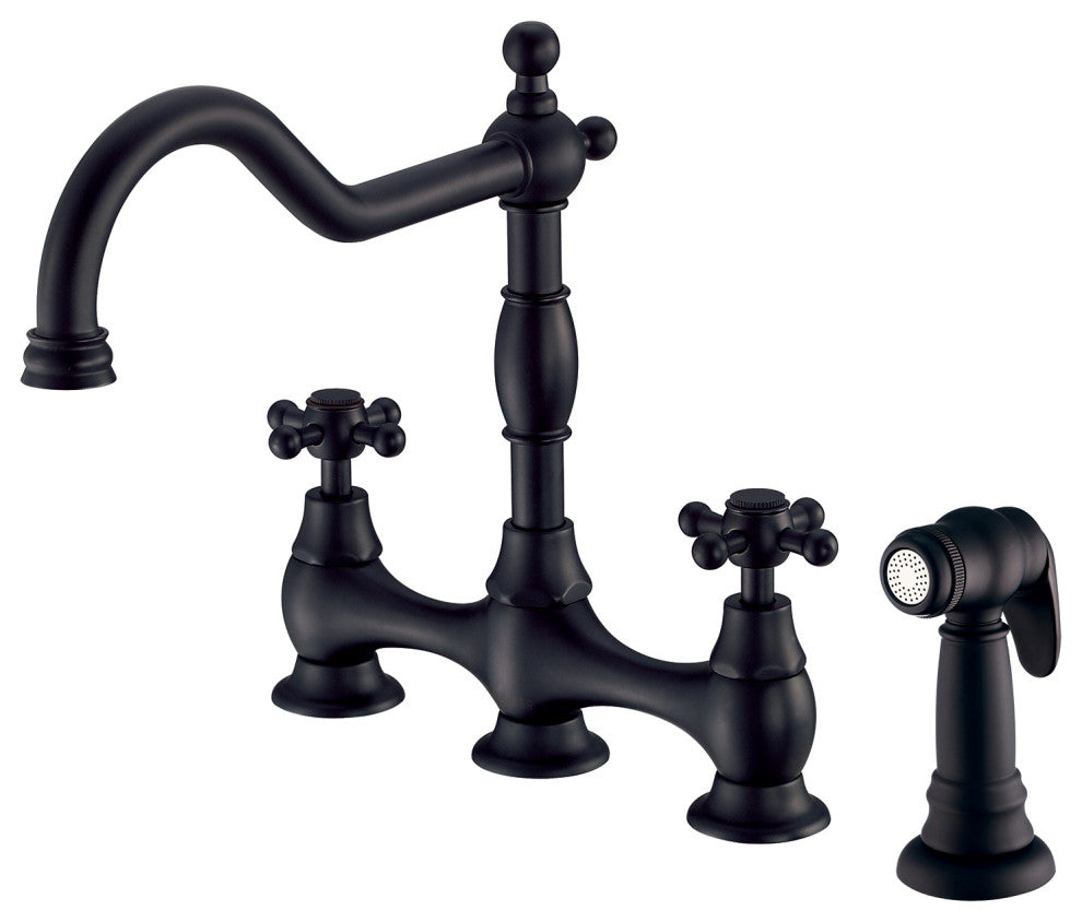 Opulence Two Handle Bridge Kitchen Faucet w/ Sidespray Chrome, Satin Black