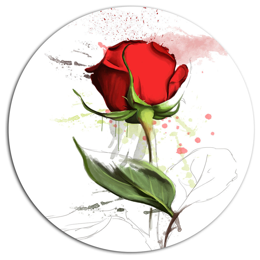 Red Rose Hand-Drawn Illustration, Floral Round Metal Wall Art, 11"