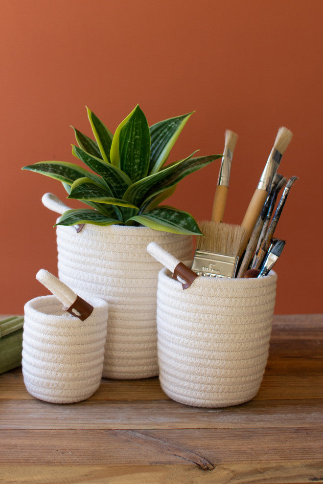 Kalalou Cch1158 Set Of Three Tall Coiled Cotton Storage Baskets - White