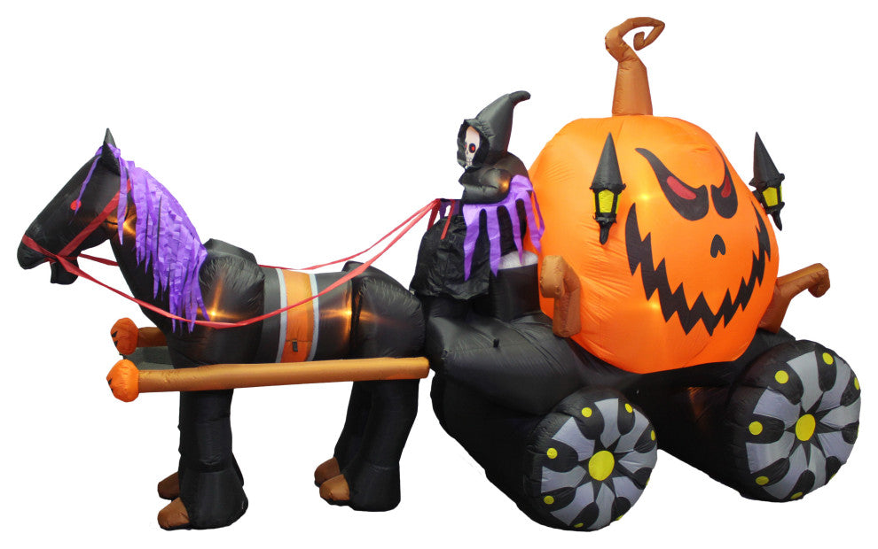 11.5' Long Halloween Inflatable Carriage With Ghost Skeleton and Pumpkin