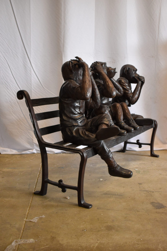 Three Comedic Monkeys on a bronze Bench, Say, Hear, See no Evil 57" x 20" x 43