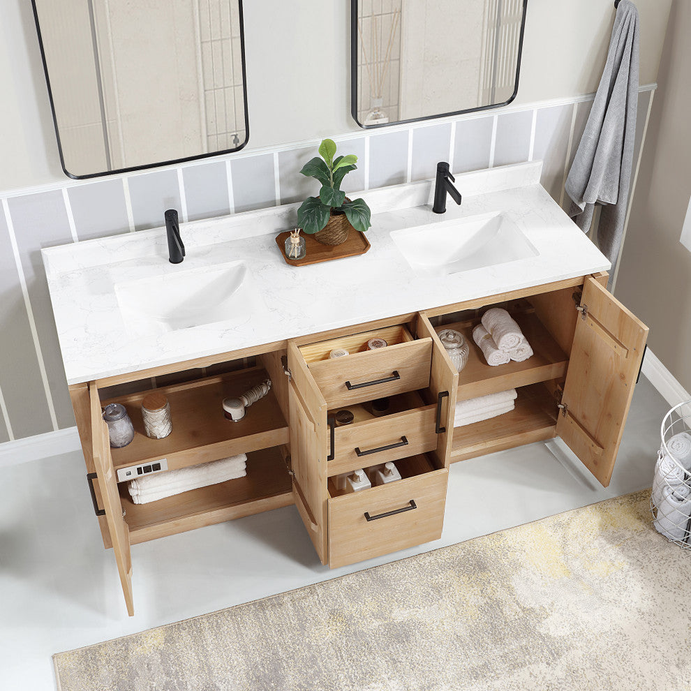San Bath Vanity with Stone Top, Fir Wood Brown, 72", Double Vanity, No Mirror