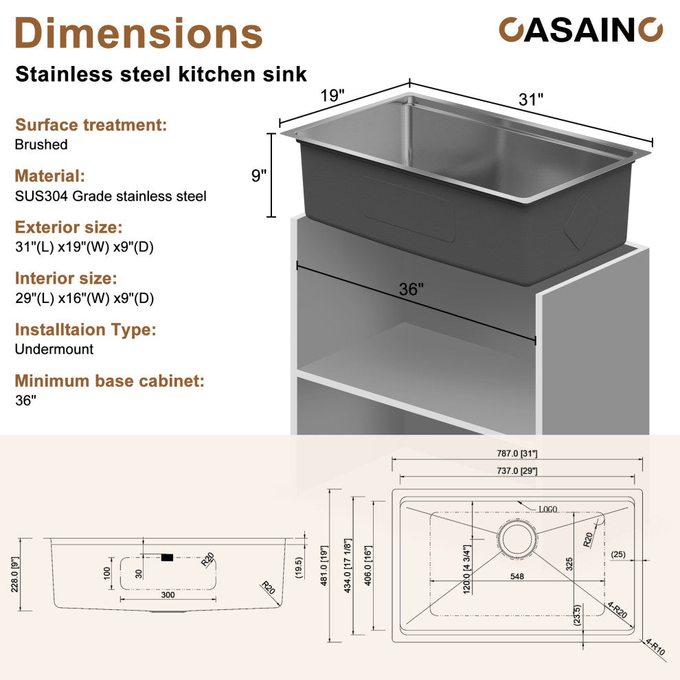 31in Undermount Kitchen Sink Single Bowl 18 Gauge Stainless Steel Workstation