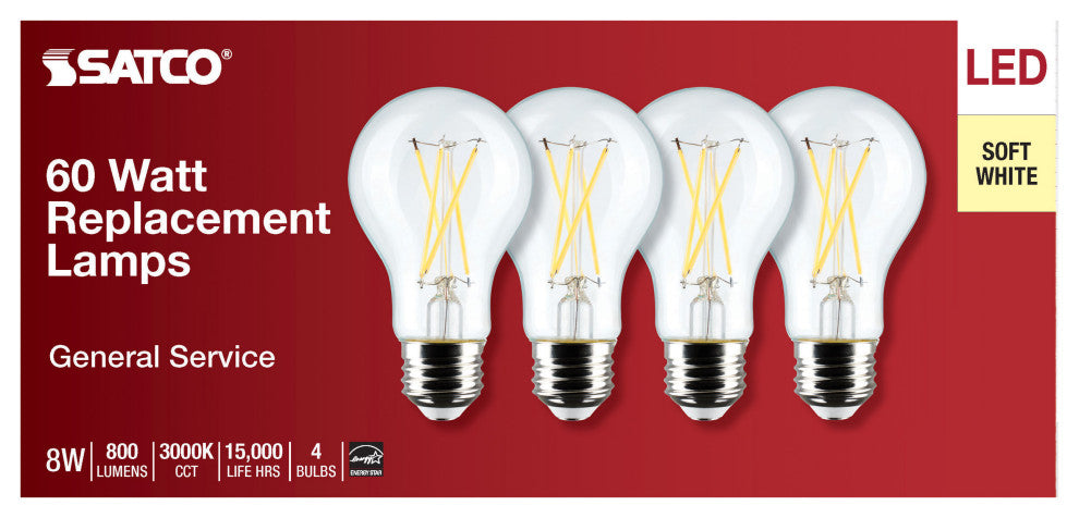 8W A19 LED, Clear, 3000K, Medium Base, 120V, 4-Pack