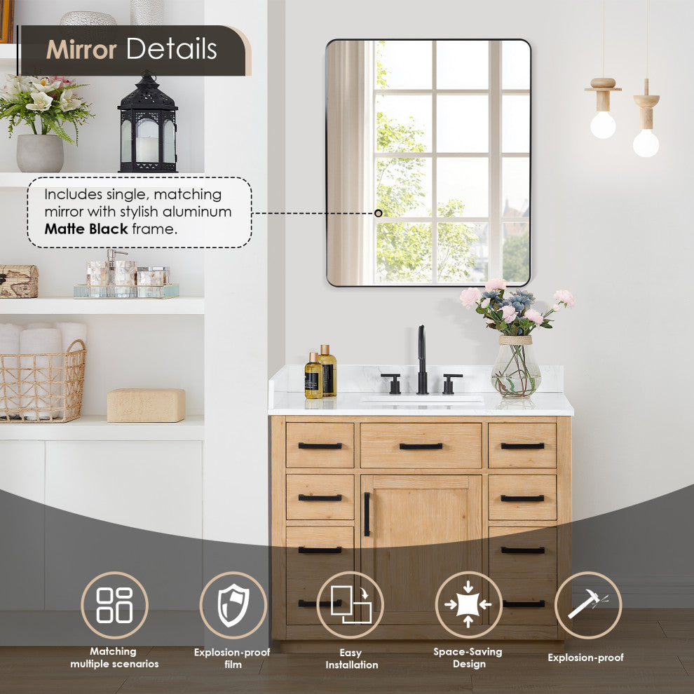 Gavino Vanity With Grain White Composite Stone Top, Light Brown/Matte Black, 42", With Mirror