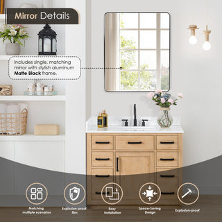 Gavino Vanity With Grain White Composite Stone Top, Light Brown/Matte Black, 42", With Mirror