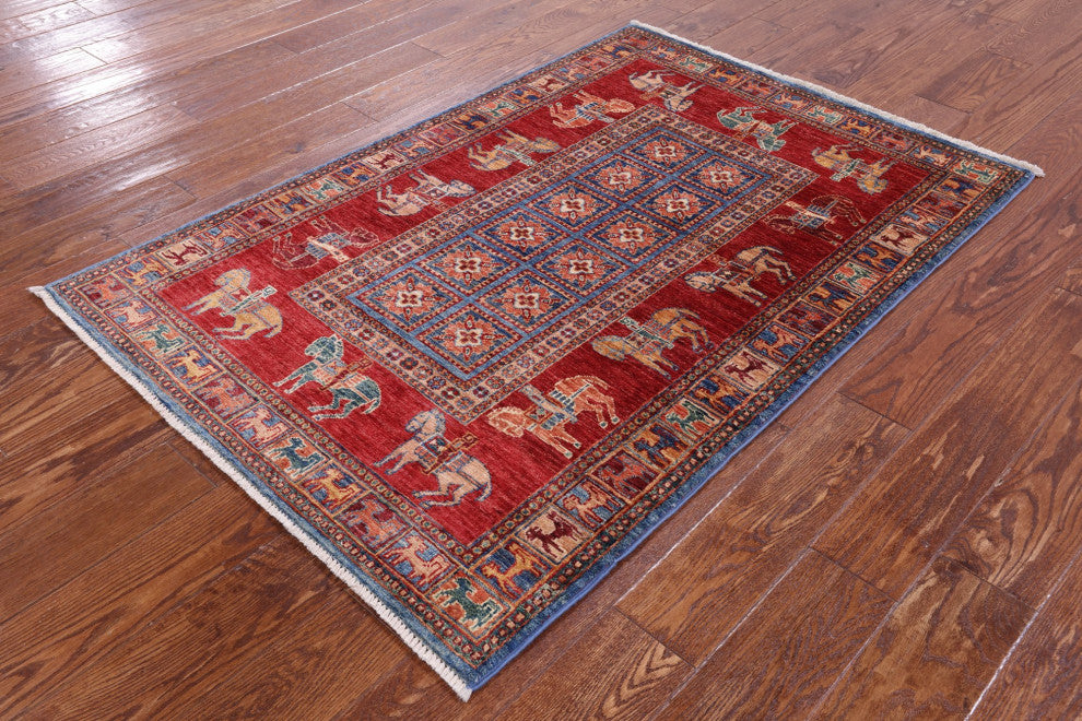 3' 5" X 5' 1" Hand Knotted Antiqued Pazyryk Historical Design Wool Rug Q10703