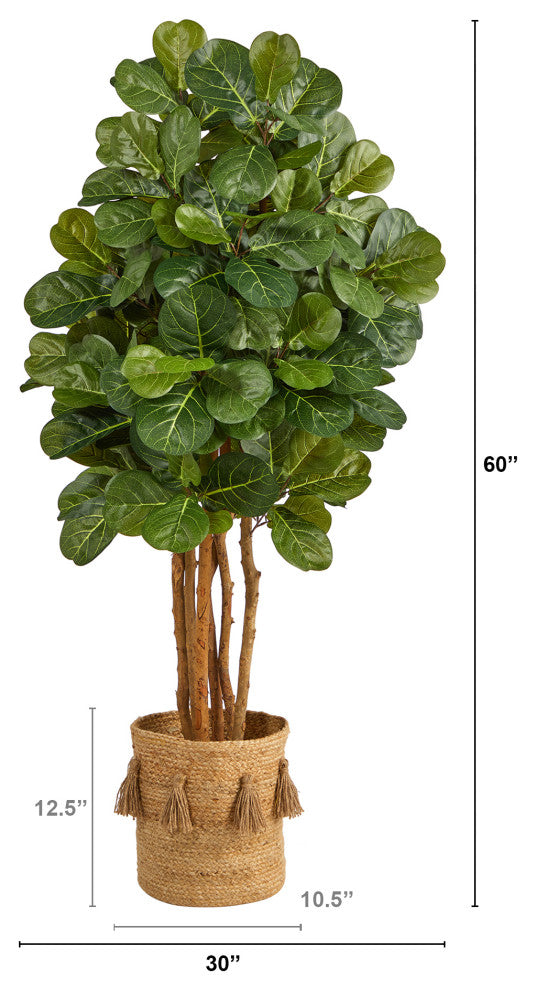5' Fiddle Leaf Fig Artificial Tree, Handmade Natural Jute Planter With Tassels