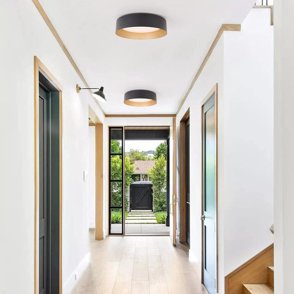 Matte Black Flush Mount Light, LED Ceiling Light Fixture, Gold Inside Finish