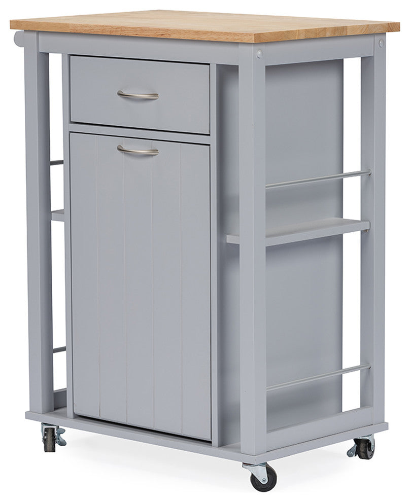 Yonkers Contemporary Light Gray Kitchen Cart With Wood Top