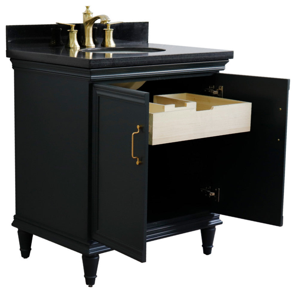 31" Single Vanity, Dark Gray Finish With Black Galaxy And Oval Sink