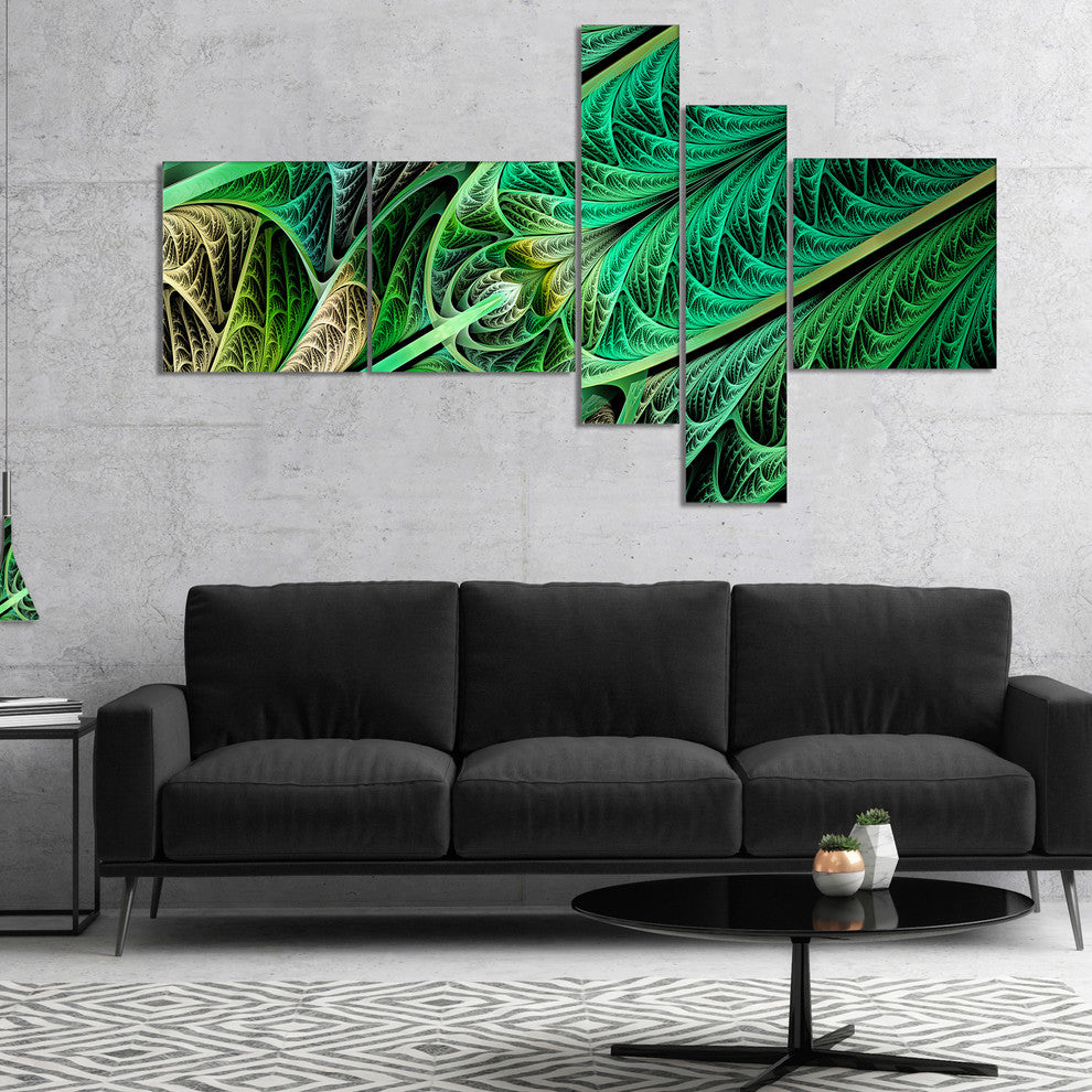 Green on Black Fractal Stained Glass, Abstract Wall Canvas, 60"x32", 5 panels