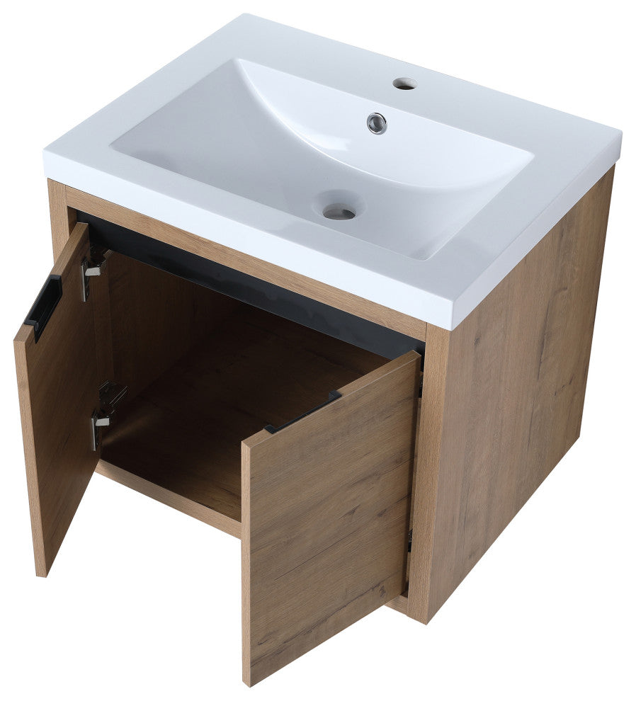 Bathroom Vanity With White Resin Top and Basin, Imitative Oak, 24x18