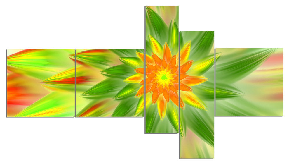 Dancing Green Fractal Flower, Floral Canvas Art Print, 60"x32", 5 panels