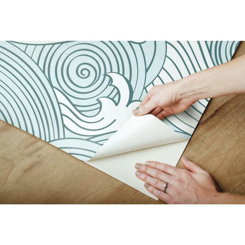 Teal & White Asian Waves Peel & Stick Wallpaper