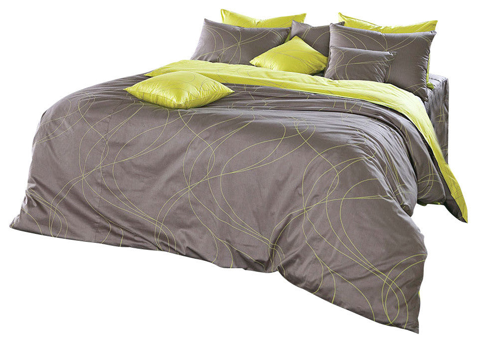 Grayish Brown And Lime Yellow Queen Duvet Cover Set, Queen