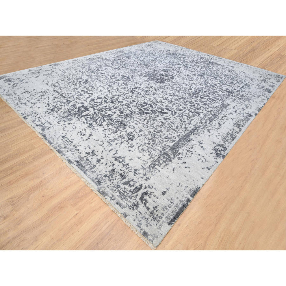 Gray Hand Knotted Erased Persian Design Wool and Silk Oversized Rug 14'2"x18'0"