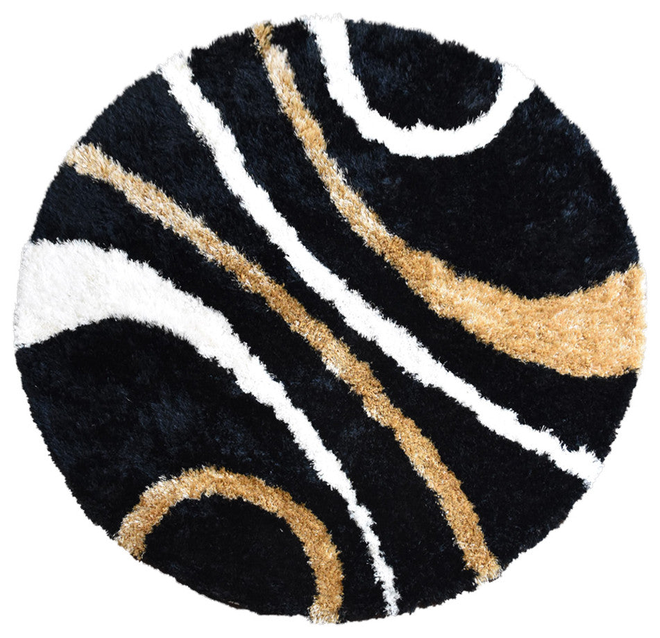 Hand Tufted Shag Polyester Area Rug Geometric Black, [Round] 6'x6'