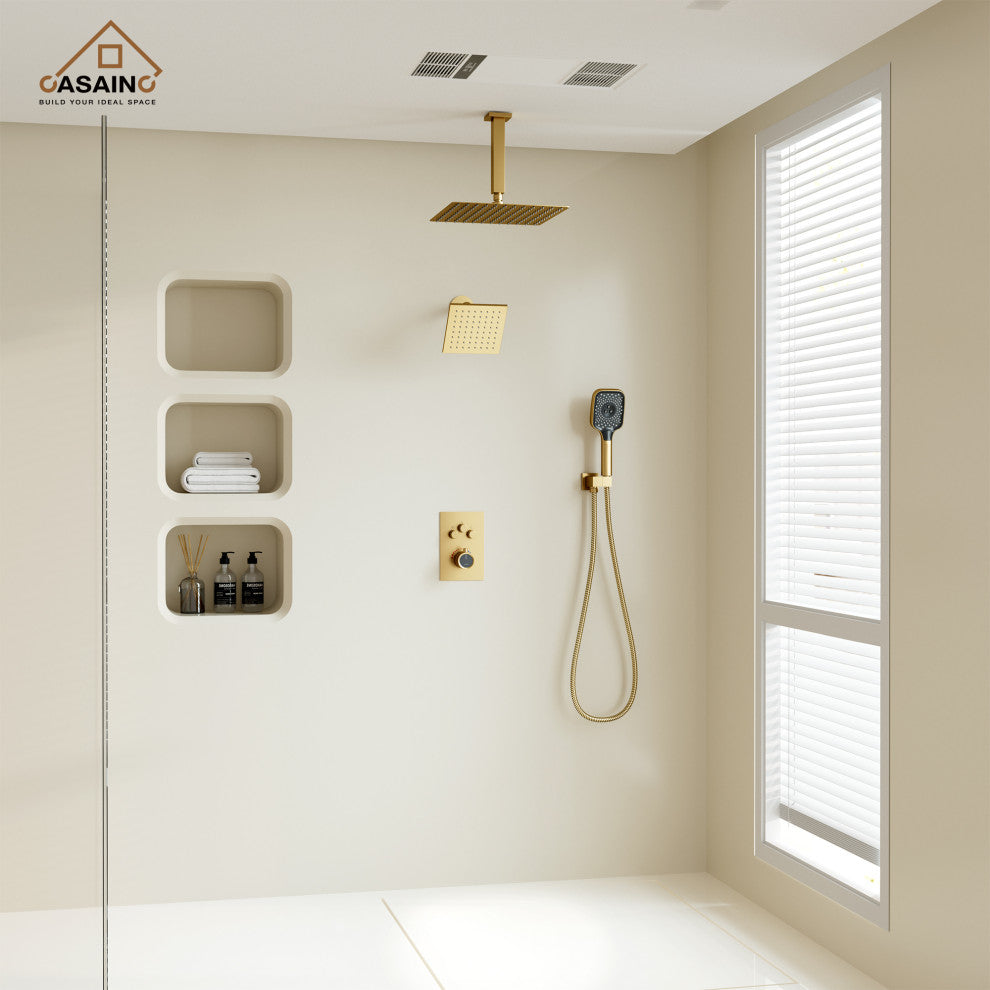 CASAINC 12" Ceiling Mounted Rainfall Shower System Set w Dual Shower Head, Brushed Gold
