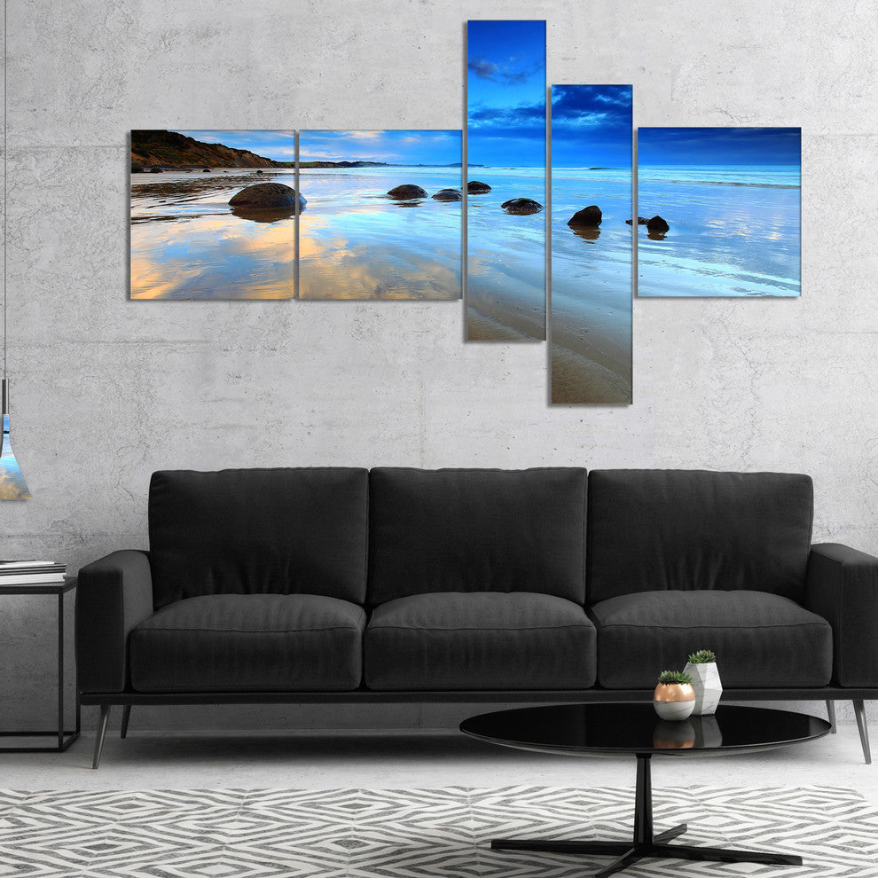 Cloudy Sky Over Moeraki Boulders, Seashore Photo Canvas Print, 60"x32", 5 panels