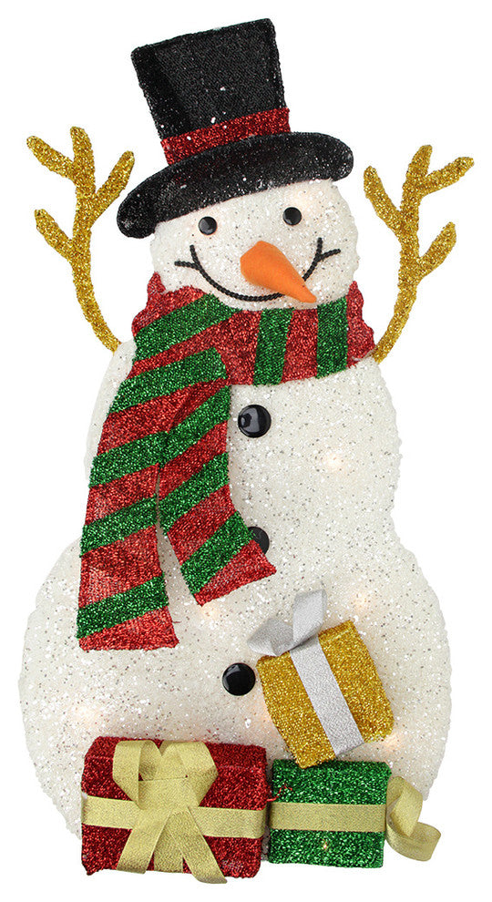 31.5" Lighted Plush Tinsel Snowman With Gift Christmas Yard Art Decoration
