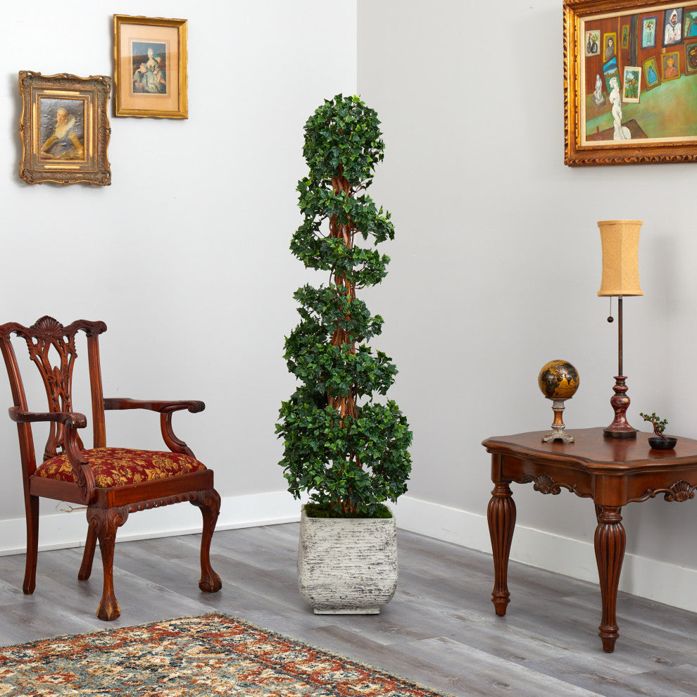70" English Ivy Topiary Spiral Faux Tree, Planter UV Resistant, Outdoor/Indoor