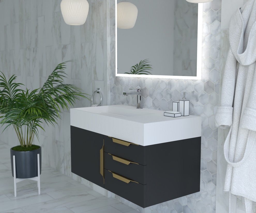 CastelloUSA Amazon 36" Wall Mount Vanity Set, Black, White Top, Gold Handles