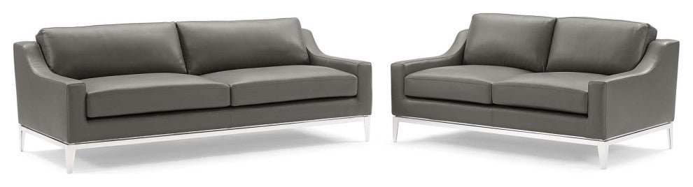 Harness Stainless Steel Base Leather Sofa and Loveseat Set - Gray