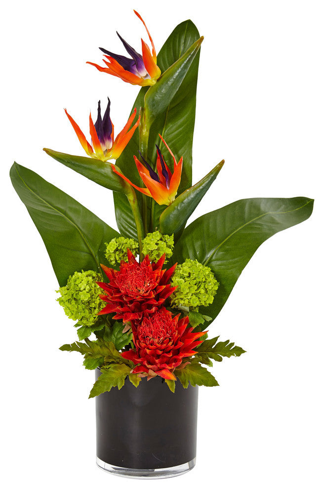 Bird of Paradise Tropical Artificial Arrangement, Black Vase, Orange