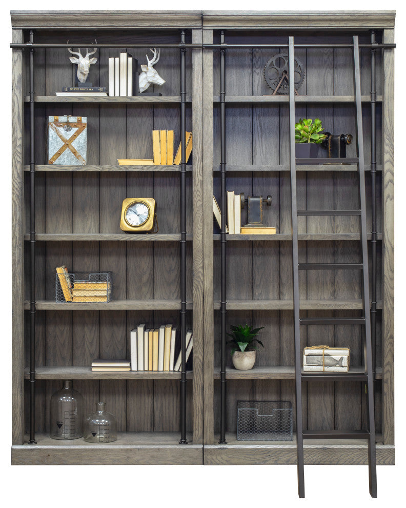 8' Tall Bookcase Wall With Ladder, Storage Organizer, Gray