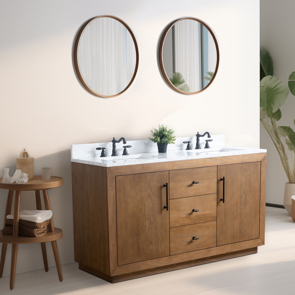 Vanity Art Bathroom Vanity With Sink, Tan, 60" Double, Arabescato White Engineered Marble Top