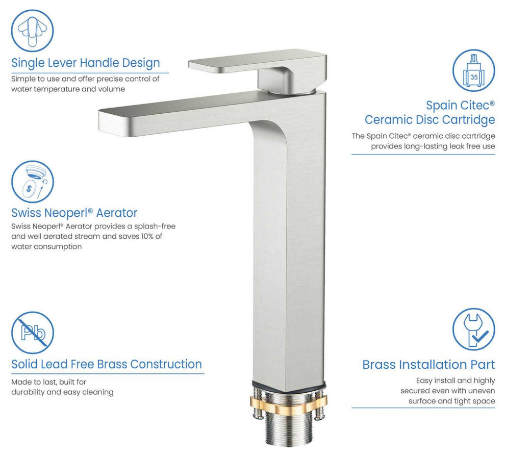 Blaze-T Single Handle Bathroom Vessel Sink Faucet, Brushed Nickel