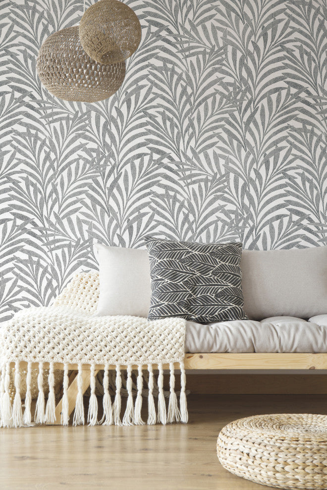 Cream & Black Tea Leaves Stripe Wallpaper