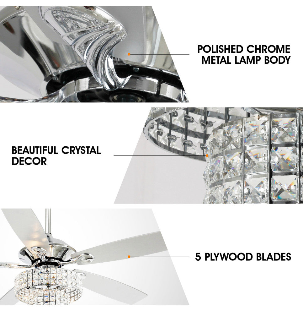 52-in Crystal Chandelier Ceiling Fan With LED Light and 5 Blades, Chrome
