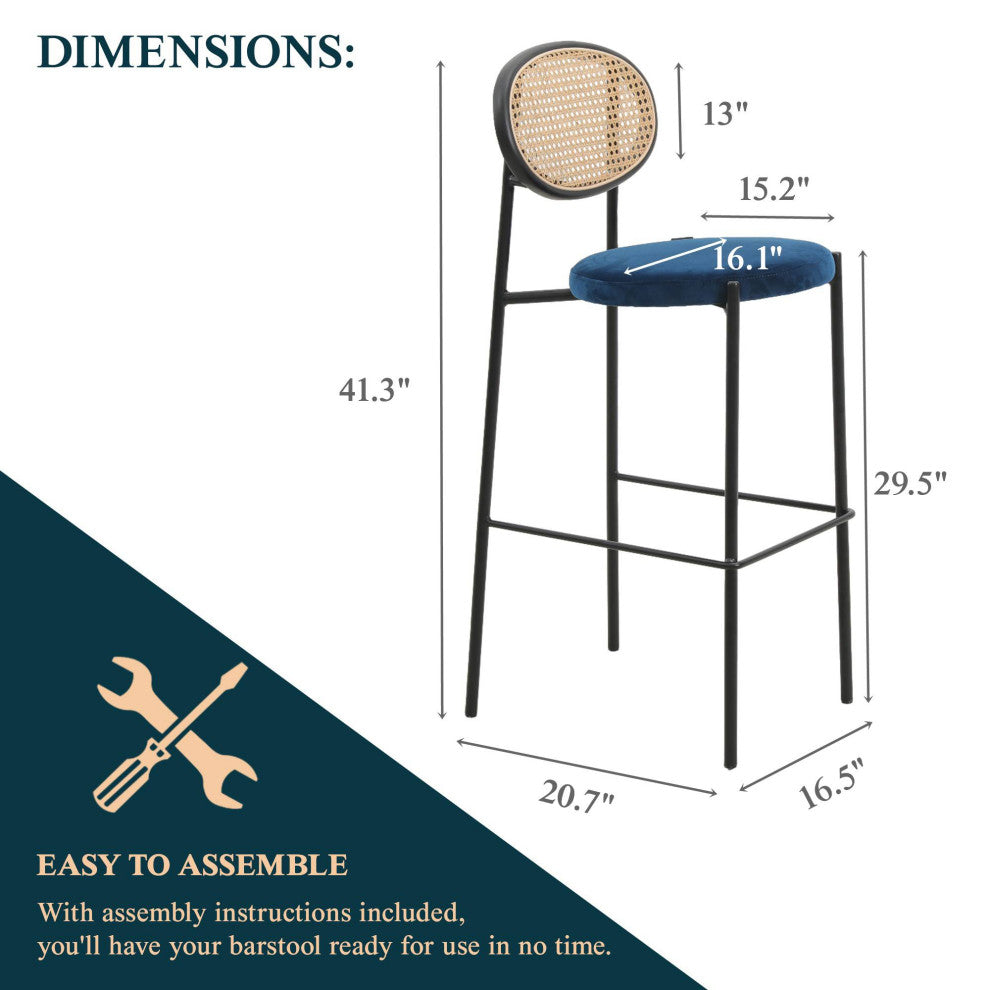 LeisureMod Euston Wicker Bar Stool With Black Steel Frame and Footrest, Navy Blue