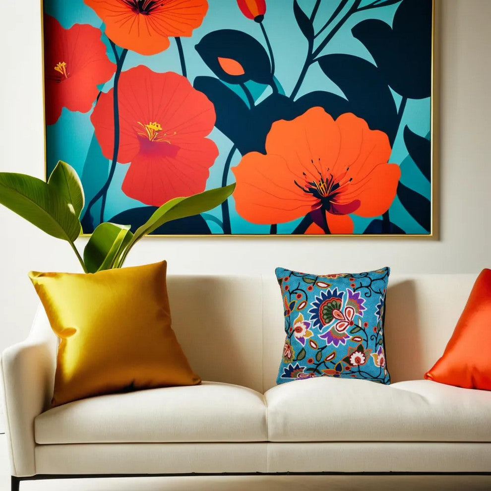 Turquoise Floral Pillow Cover Hand Embroidered Modern Design Wool 18x18