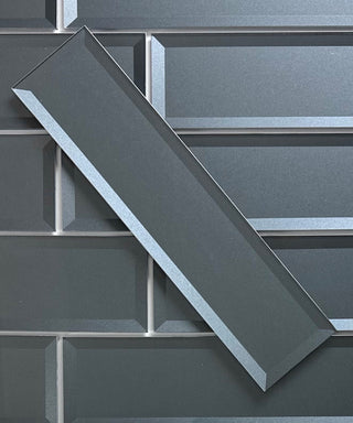 Forever 4"x16" Reverse Bevel Glass Subway Tile,Glossy Gray, Piece