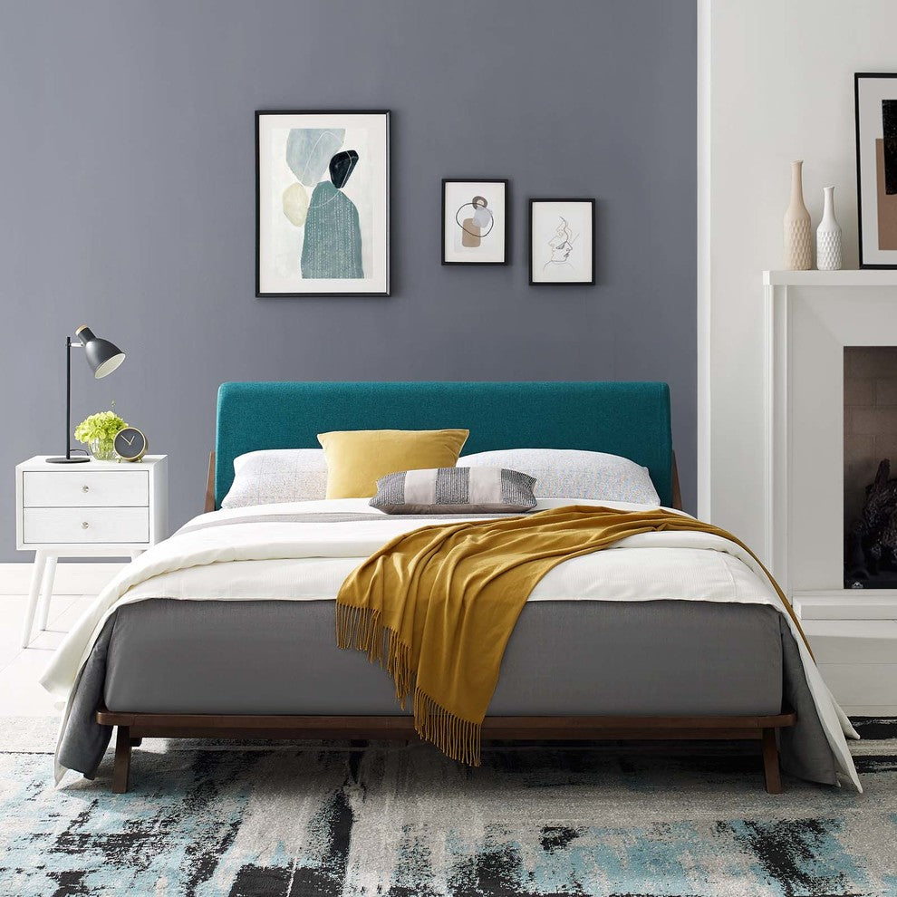 Luella Queen Upholstered Fabric Platform Bed, Cappuccino Teal