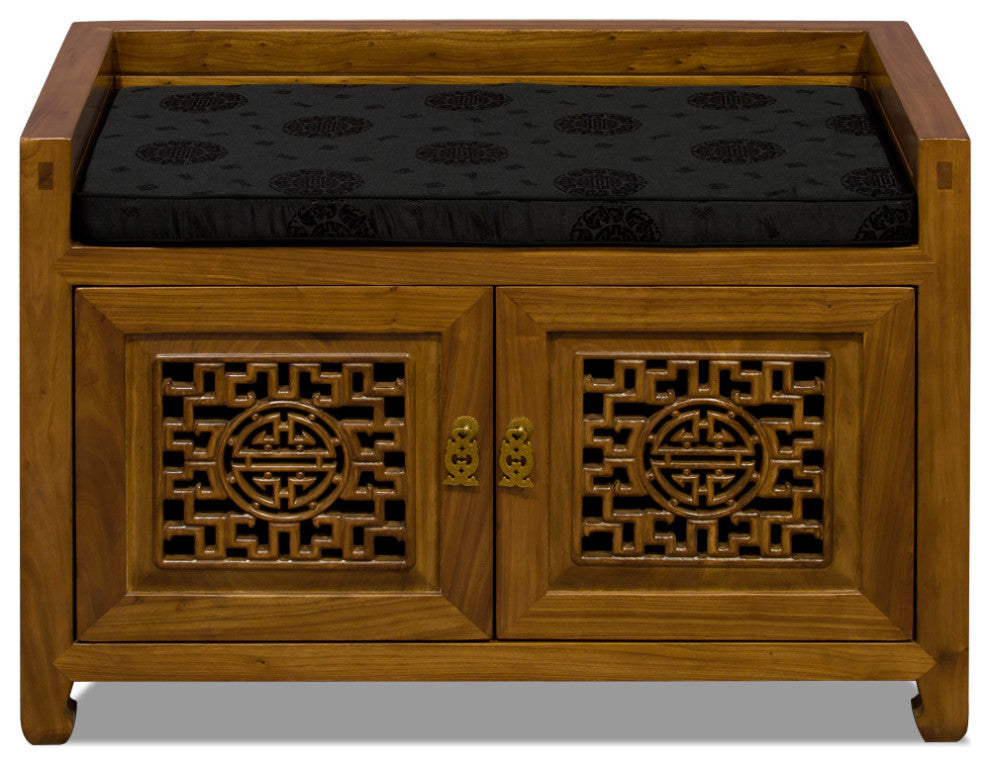 Walnut Elmwood Longevity Chinese Shoe Bench