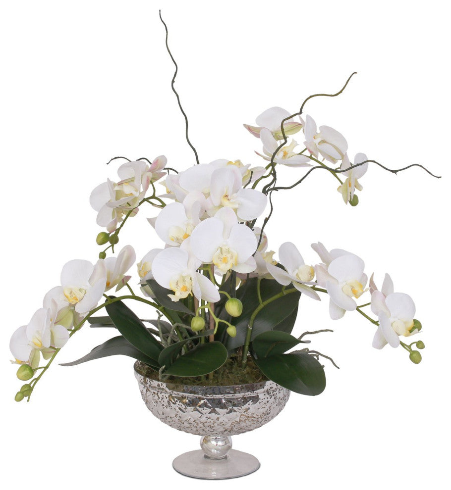 Real Touch White Orchid Flower Arrangement, Round Silver Glass Bowl