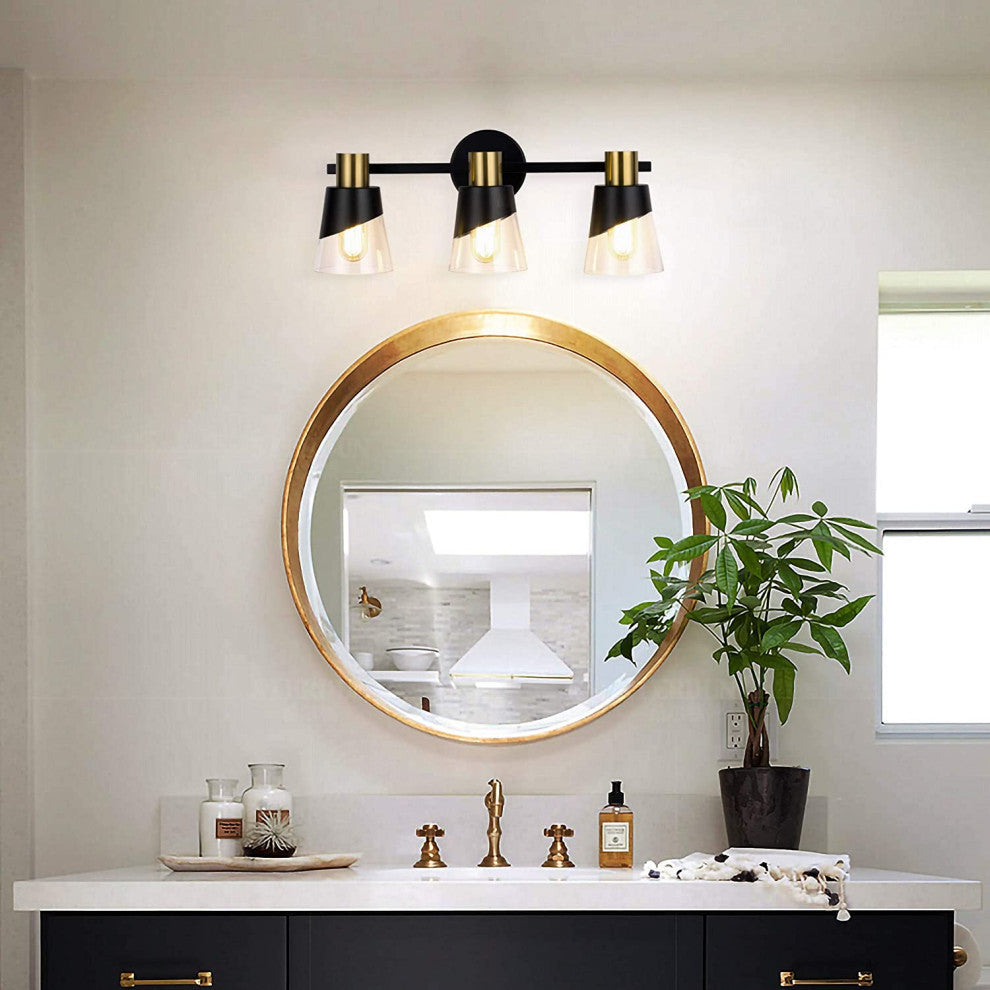 3 Lights Vanity Wall Lightfixture Black and Gold Glass Wall Lighting