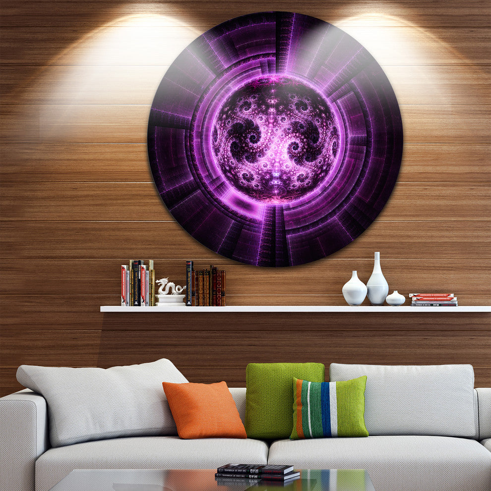 Rounded Purple Glowing Fractal Flower, Abstract Round Artwork, 23"