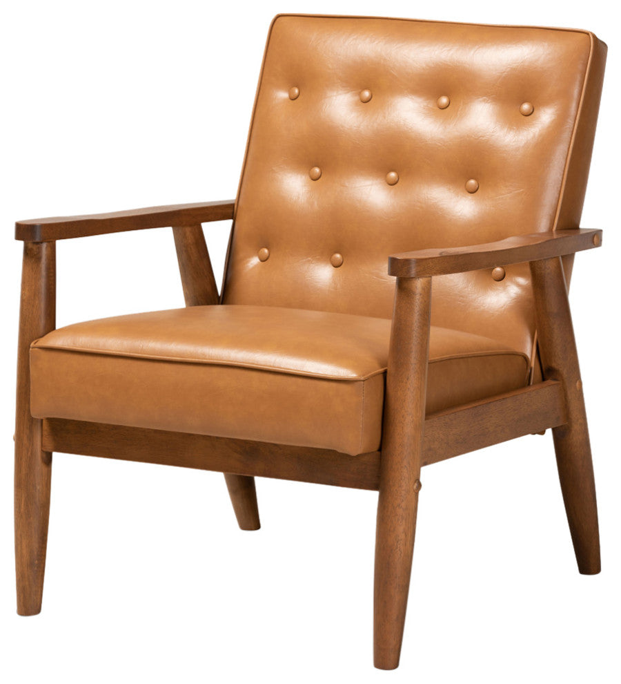 Sorrento Mid-Century Tan Faux Leather and Walnut Wood Lounge Chair
