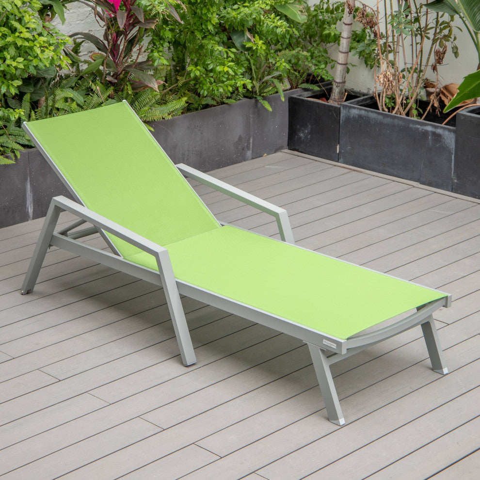 LeisureMod Marlin Patio Chaise Lounge Chair With Arms Gray Frame, Green