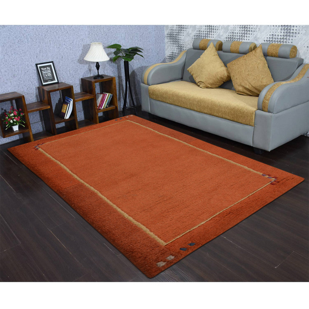 Hand Knotted Tibbati Wool Area Rug Contemporary Orange