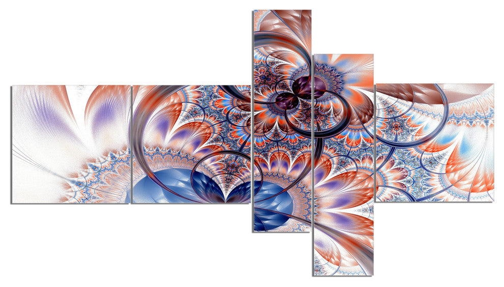 Gold Symmetrical Fractal Flower, Abstract Canvas Art Print, 60"x32", 5 panels