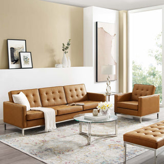 Loft Tufted Upholstered Faux Leather Sofa and Armchair Set Silver Tan