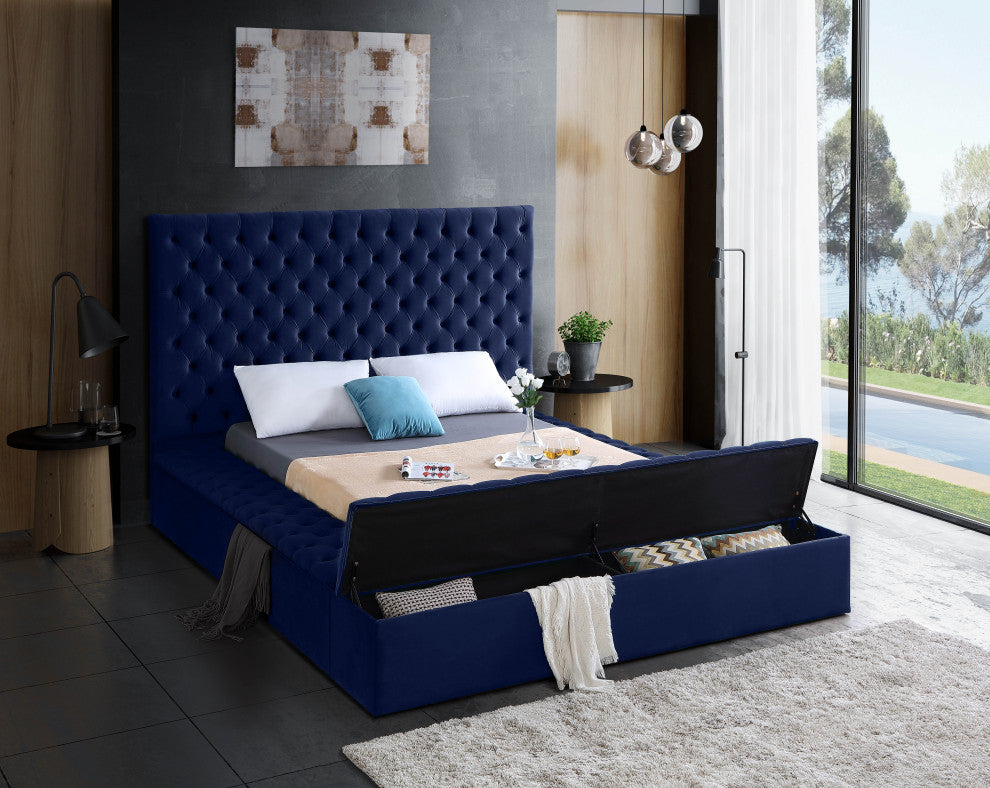 Bliss Velvet Upholstered  Bed, Navy, Full