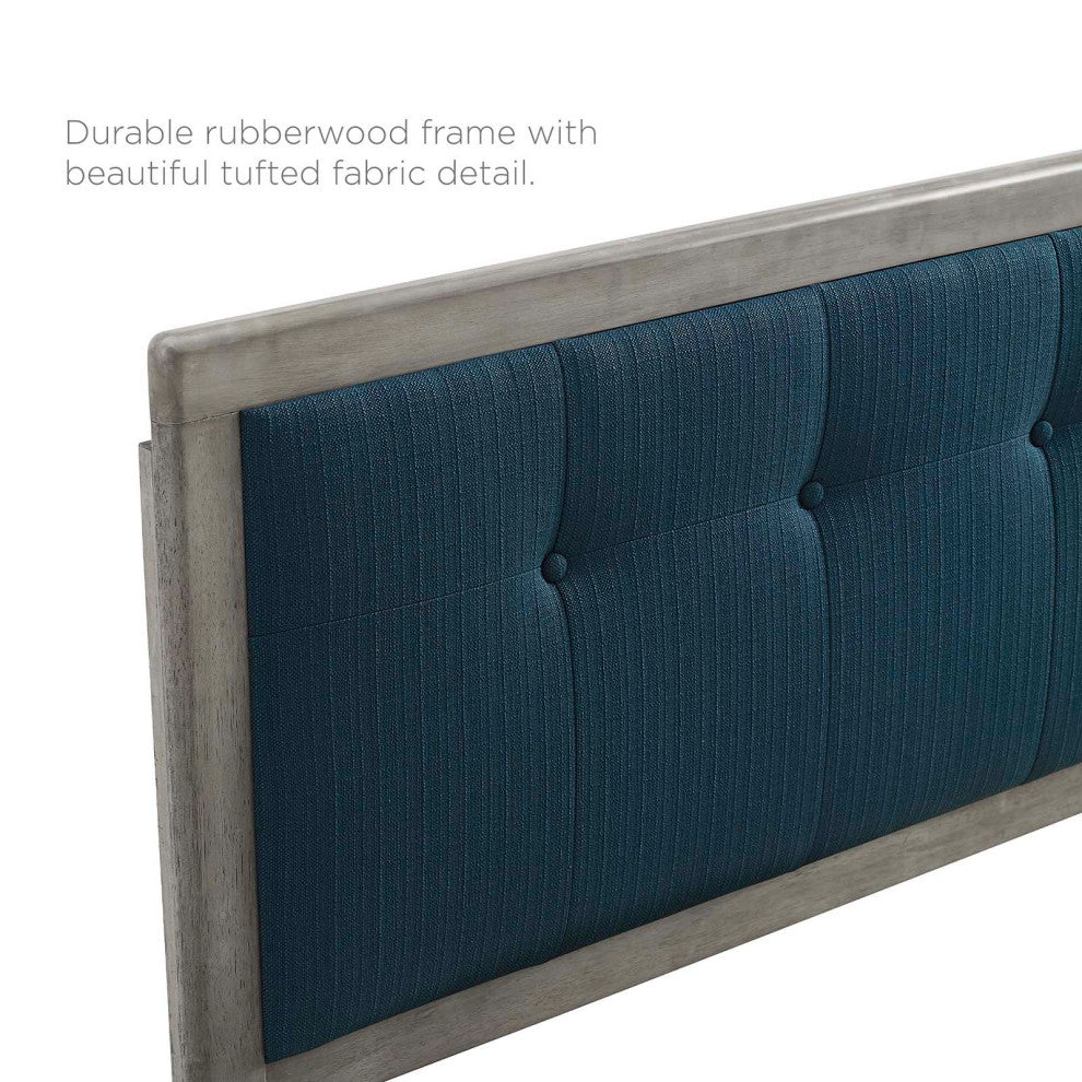 Platform Bed Frame, Queen Size, Fabric, Wood, Gray Navy Blue, Modern