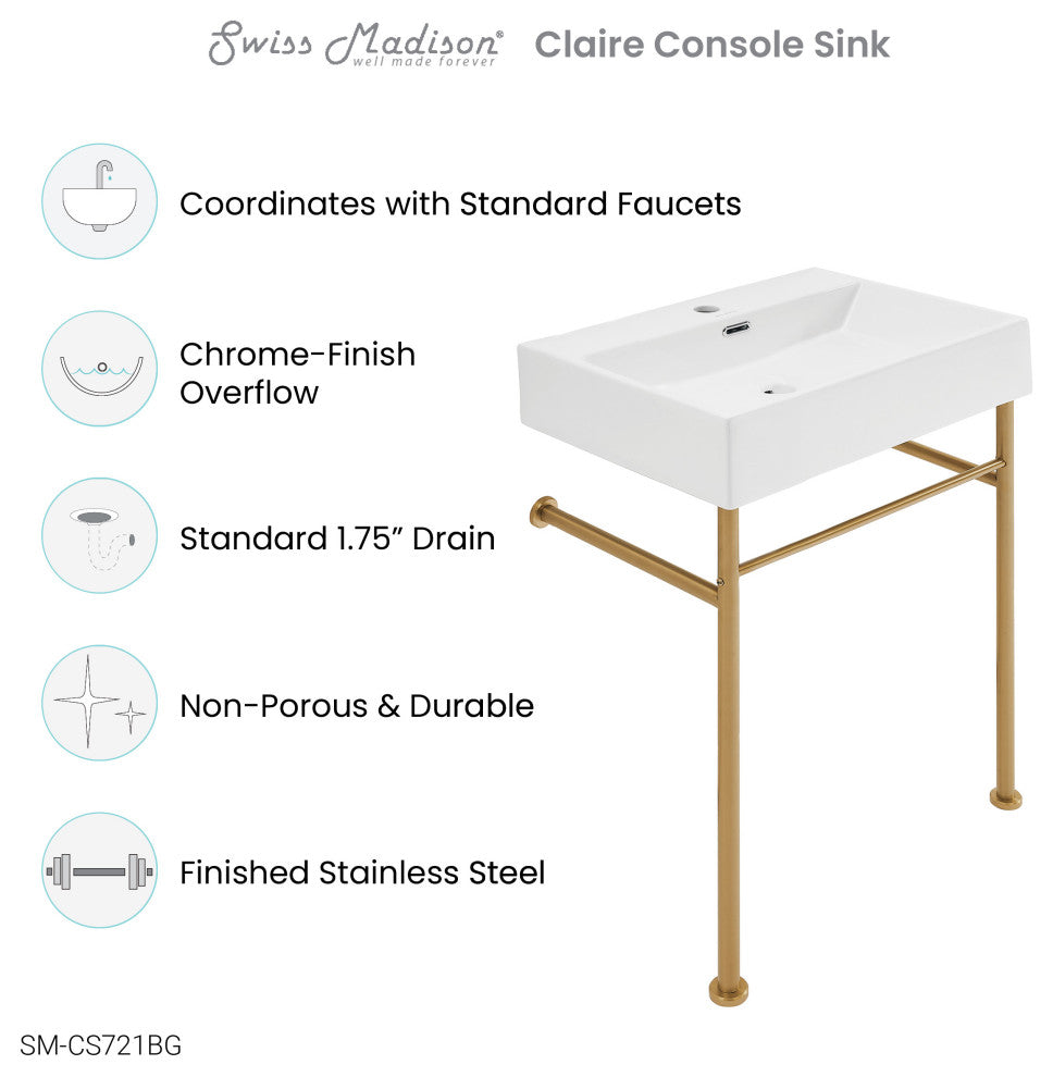 Claire 24" Ceramic Console Sink White Basin Gold Legs, Brushed Gold